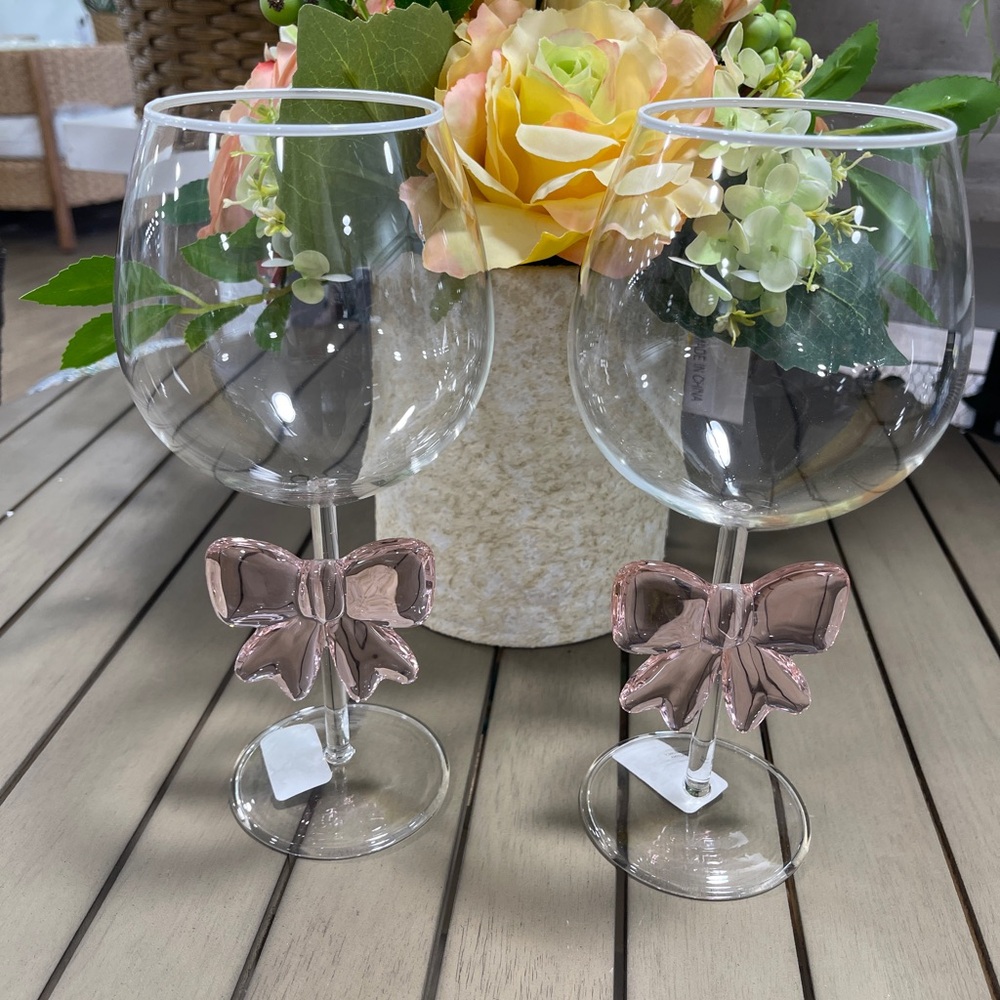Pink Bow Ribbon Coquette Glass Wine Glasses Set of 2 NWT